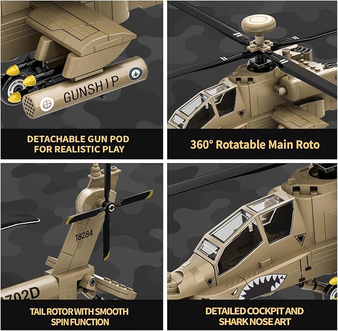 AH-64 Military Helicopter Building Set Compatible with Lego Military Army Airplane fo Adults as Gifts