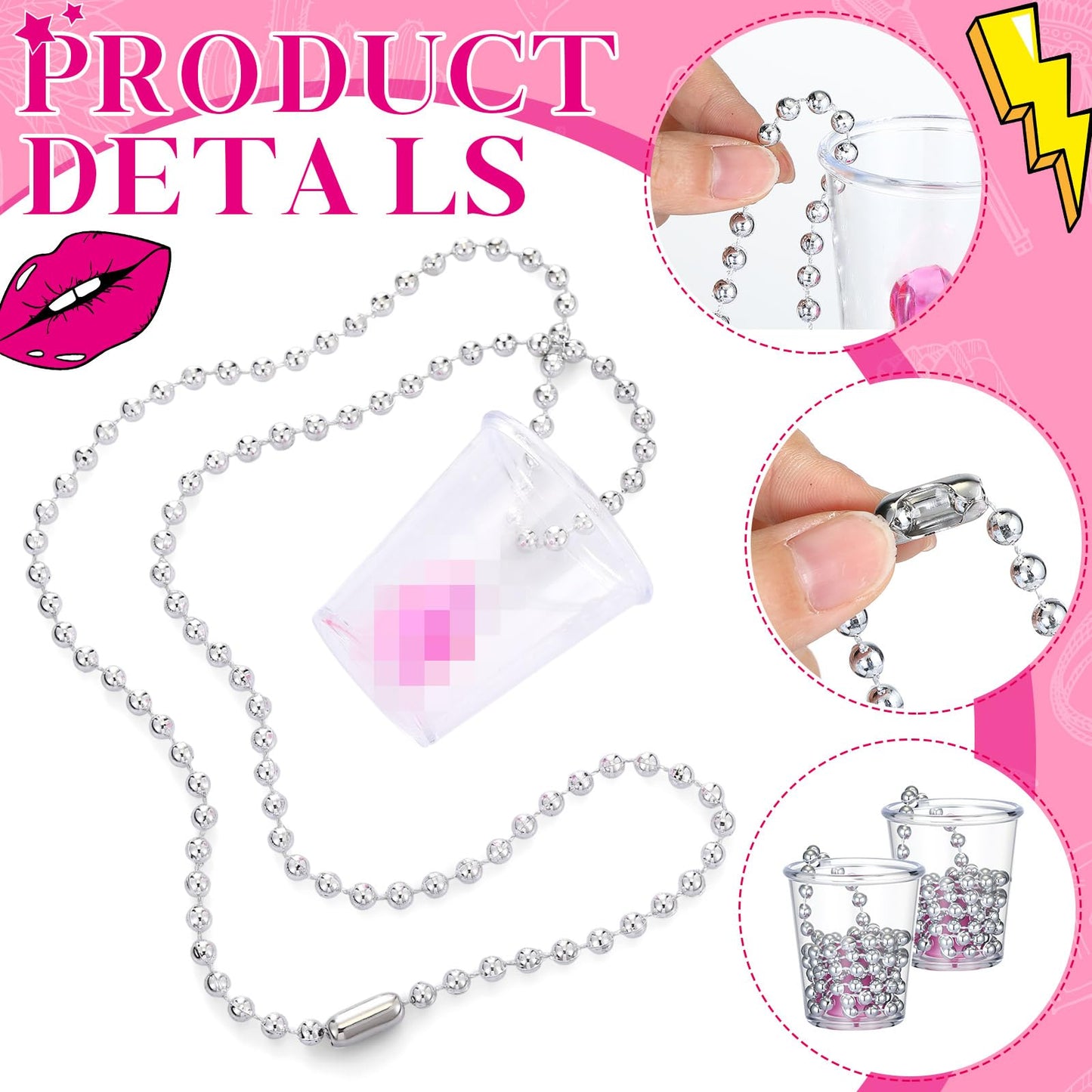 Uiifan 12 Pcs Bachelorette Shot Glasses Bachelorette Party Accessories Naughty Bride Shot Cup Glass Necklace with Metal Chain for Bachelor Wedding Party Bridal Shower Decorations (Pink)