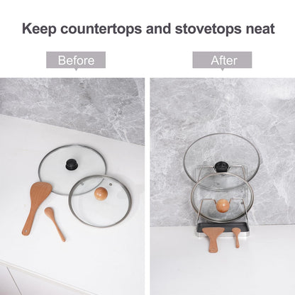 XCCK Pot Lid Holder While Cooking, Kitchen Pot Lid Storage Rack for stove top, Multifunctional Kitchen Pot Lid Organizer for Countertop (Iron,Dark Grey)