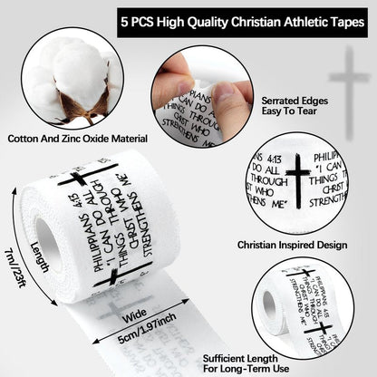 5Pcs Christian Athletic Tape 2in x 23ft Cotton Zinc Oxide Sport Faith Cross Sports Wristbands Religious Bible Verse Wrist Tape for Football Baseball Athlete Gymnastic Boxing First Aid Injury Wrap