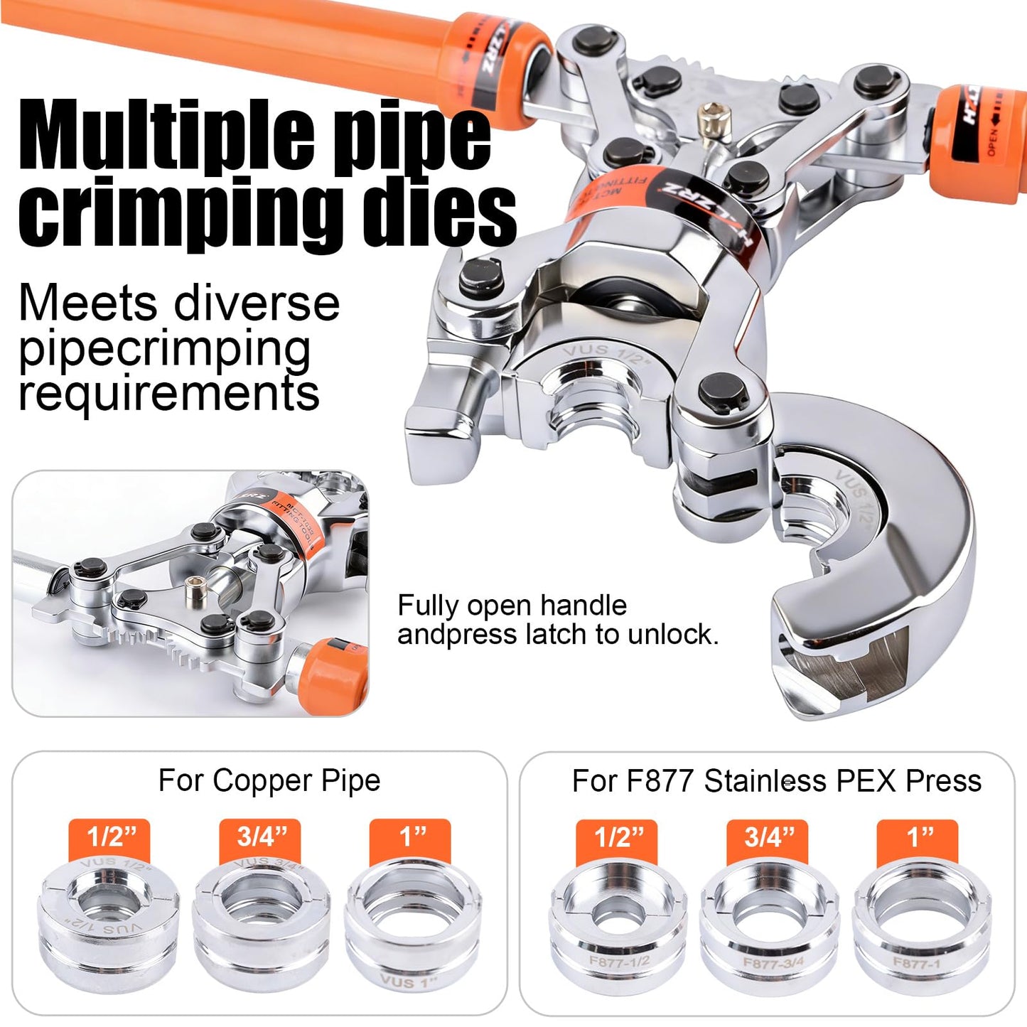 HZLZRZ Copper Pipe and F877 Stainless PEX Crimper Tool, 6-Die Pro Press Kit for 1/2" 3/4" 1" with Pipe Cutter, Dual-Use Handheld Crimping Tool for Plumbing (MCT-1632A)