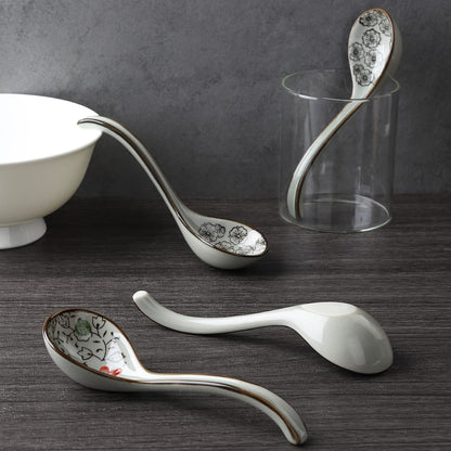 Ceramic Soup Spoons Set of 4 Porcelain Japanese Soup Spoon Long Handle Asian Soup Spoon Sets for Pho Ramen Noodles Wonton Dumpling Rice (Model 2#)