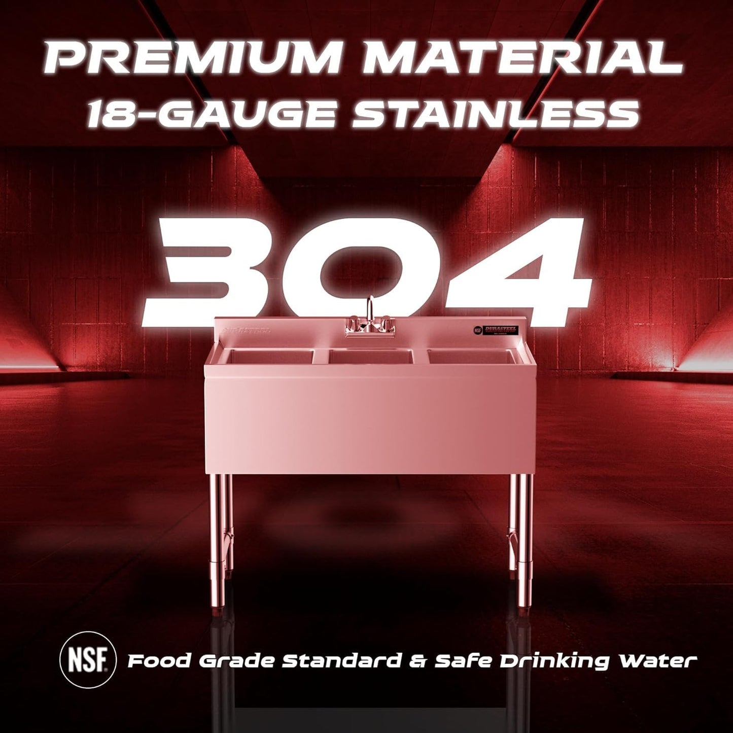 DuraSteel 3 Compartment Sink Commercial Kitchen Sink - NSF Stainless Steel Triple Three Bay Utility with CEC No Lead Faucet - No Drainboard Restaurant Bar Small Garage Slop Prep Food Truck Large