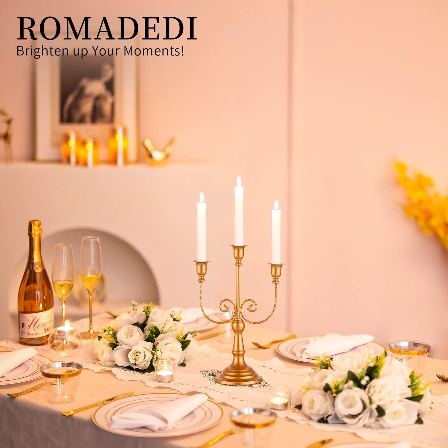 Romadedi Candelabra Gold Candle Holders - 3 Arm 11.8" Wedding Candlestick Holder for Theme Party Table Centerpiece Decor Dining Room Birthday Holiday Christmas