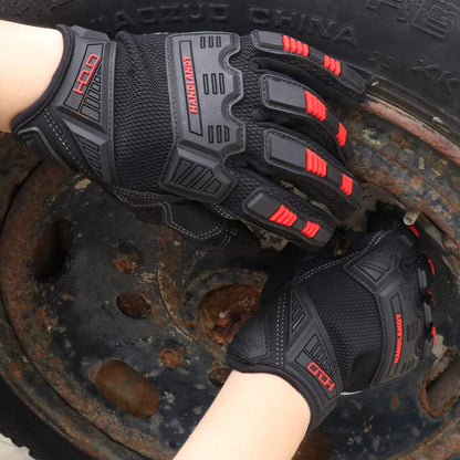 HANDLANDY Mens Work Gloves Touch screen, Utility Mechanic Gloves, Flexible Breathable Fit- Padded Knuckles & Palm (Black & Red, Large)