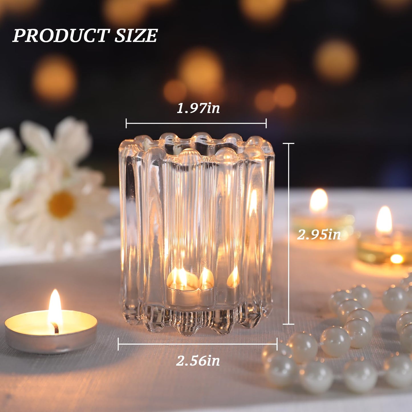 HAVITI Glass Clear Votive Candle Holder, Ribbed Votive Candle Holders Set of 12, Tealight Candle Holder for Wedding Centerpieces Dinner Party Table Decor