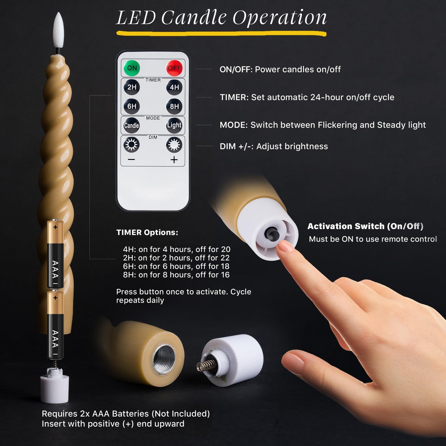 WYZworks 10" Flameless LED Taper Candles – Full Twisted Spiral – Light Tan, Set of 6 – Remote, 2/4/6/8-Hr Timer (24-hr Memory), Bottom On/Off Button, Dimmable, Battery Operated, Flicker/Steady