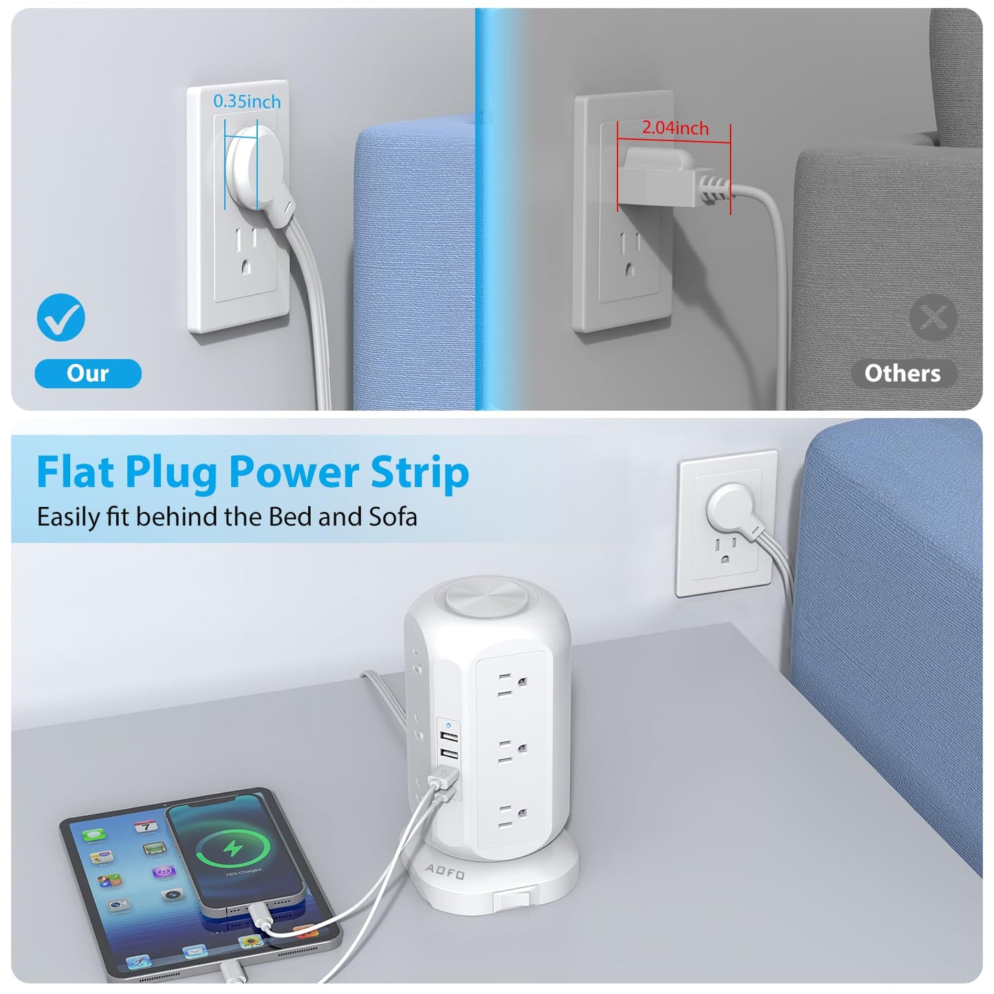 Tower Power Strip Flat Plug with 12 Outlets 4 USB(1 USB C),AOFO Surge Protector Charging Station with Overload Protection, Widely Spaced Multiple Outlets 10Ft Extension Cord for Home, Dorm,Office