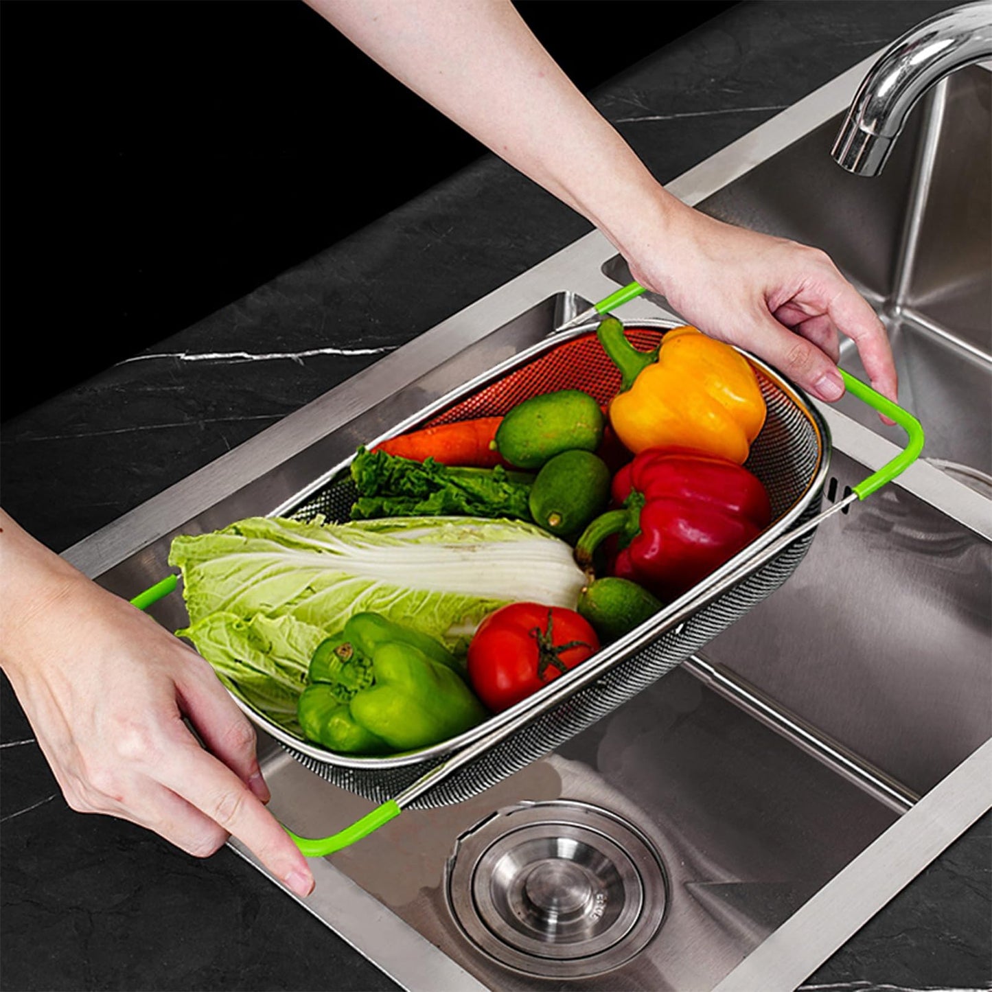 Tenta Tenta Kitchen Over Sink Strainer Colander Basket Stainless Steel For Kitchen with Rubber Grip, Large Kitchen collapsible colander, Dishwasher Safe Draine Strain Fruits,Vegetables,Pasta,Greens.