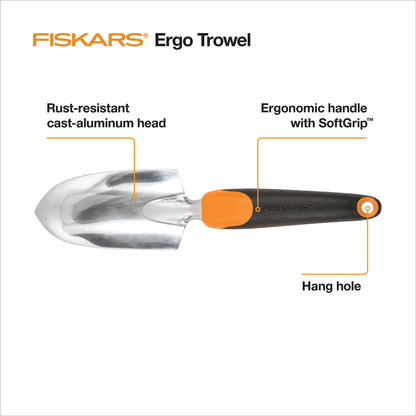 Fiskars Trowel, Heavy Duty Gardening Hand Tool with Hang Hole, For Digging and Planting, Rust Resistant Cast Aluminum, Ergonomic Handle and Comfort Grip, Gardening Tools for Yard