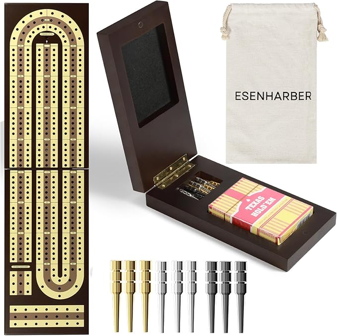 Foldable Wooden Cribbage Board Set - Elegant 3-Track Design with Magnetic Closure 9 Metal Pegs Full Deck of Cards Perfect for Family Game Nights and Travel