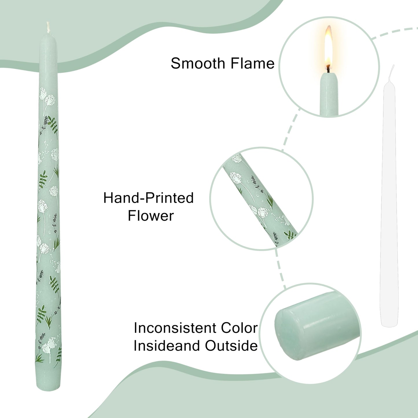 Printed Taper Candle Dripless Candles Sticks - 4 pcs Handmade Green Taper Candle 10 inches Long Tapered Candles for Home Party Wedding Restaurant Holiday Decor