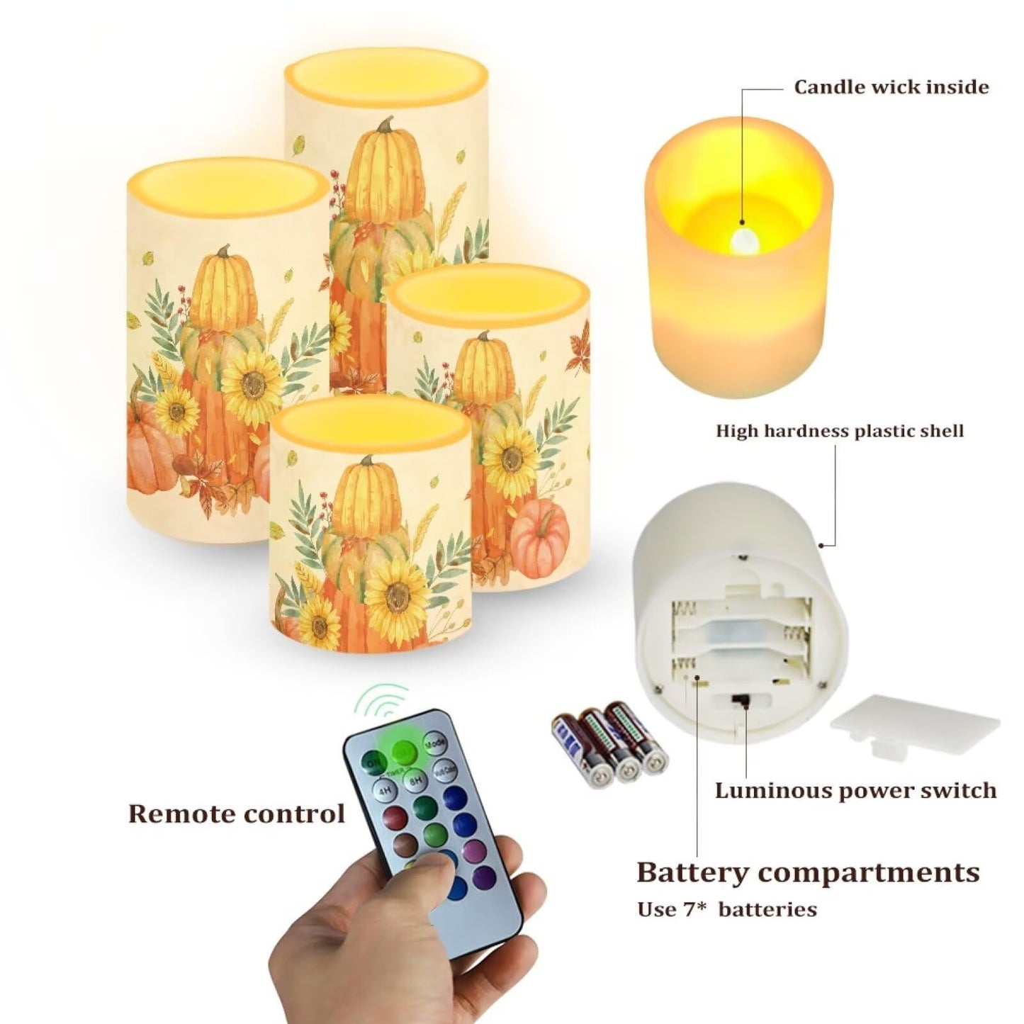 Merkmak 5.7" x 3" Battery Operated Candles with Timer 4Pcs Pumpkin Sunflower Maple Leaf Flameless LED Candles Bulk with Remote Thanksgiving Party Decor Electric Plastic Pillar Lights Bulk