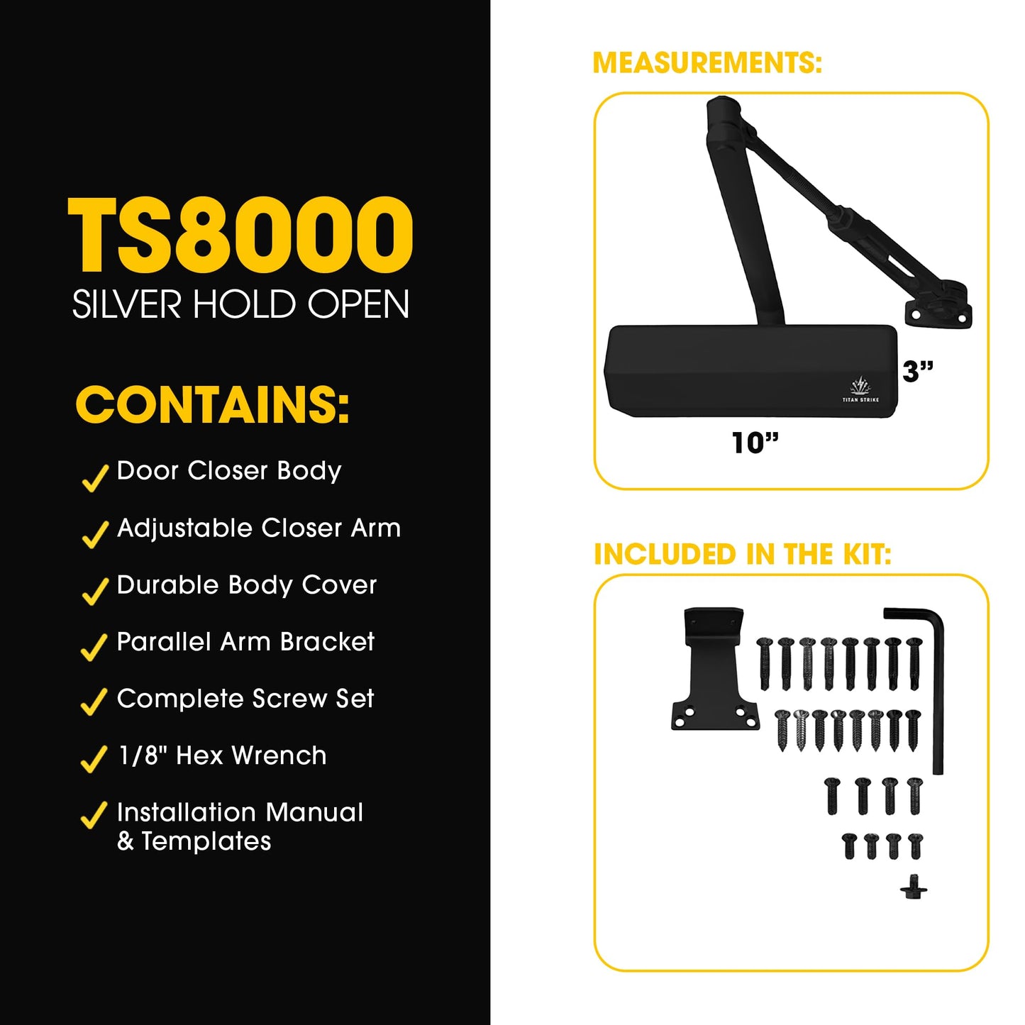 TITAN STRIKE Heavy Duty Automatic Door Closer with Hold Open, Commercial Indoor/Outdoor Adjustable Door Closure, ANSI Grade 1, UL Certified, ADA Compliant, (44-330lb, 30-60in) – Black