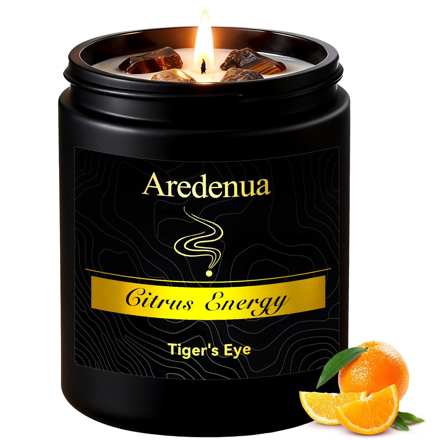 Aredenua Crystal Candle with Tiger Eye Healing Crystals, Citrus Aromatherapy Candle for Confidence, Natural Soy Wax Scented Candle with Real Gemstone, 7oz Long Burning, Motivational Chakra Gift