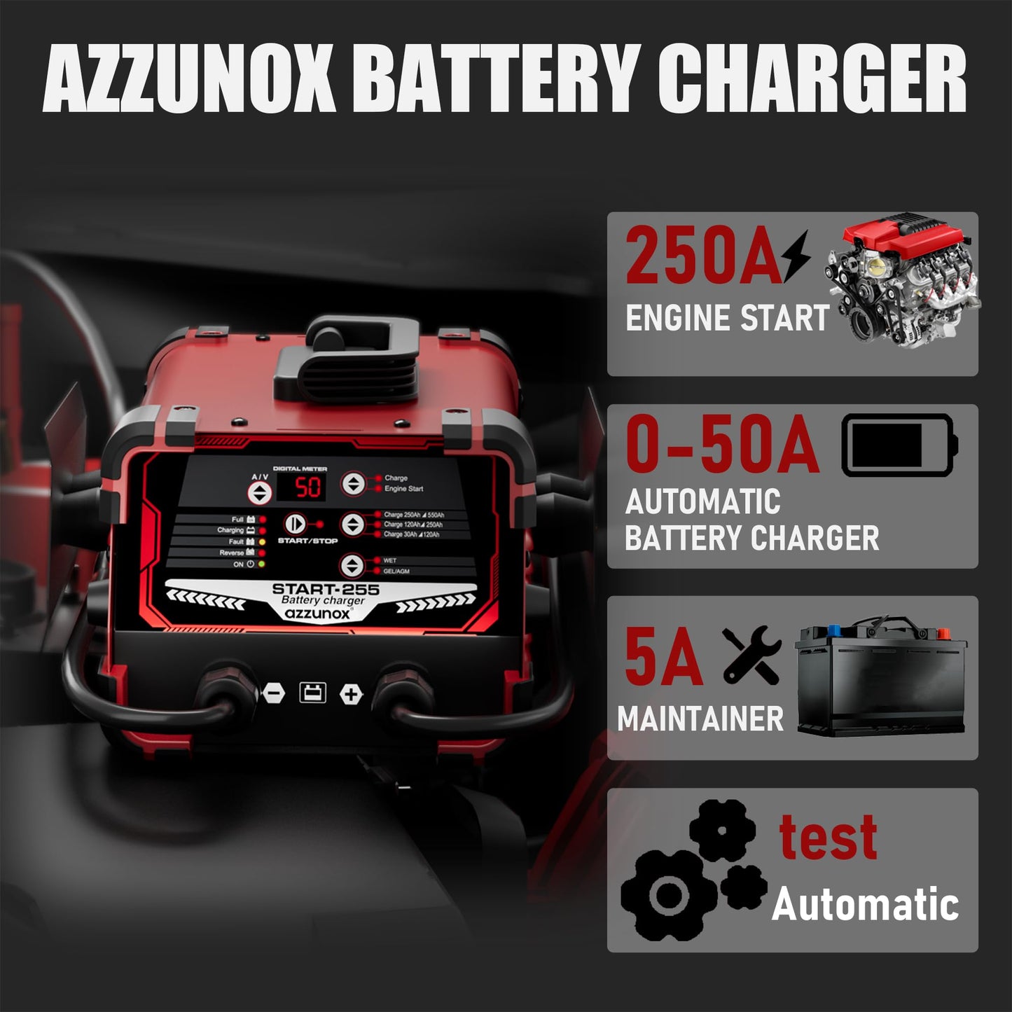 AZZUNOX 12V 24V Car Battery Charger Engine Starter, Up to 50A Automatic Battery Maintainer, 250 Cranking Amps, Auto Desulfator, Battery Repair, Winter Mode, for AGM STD Gel Deep Cycle Batteries