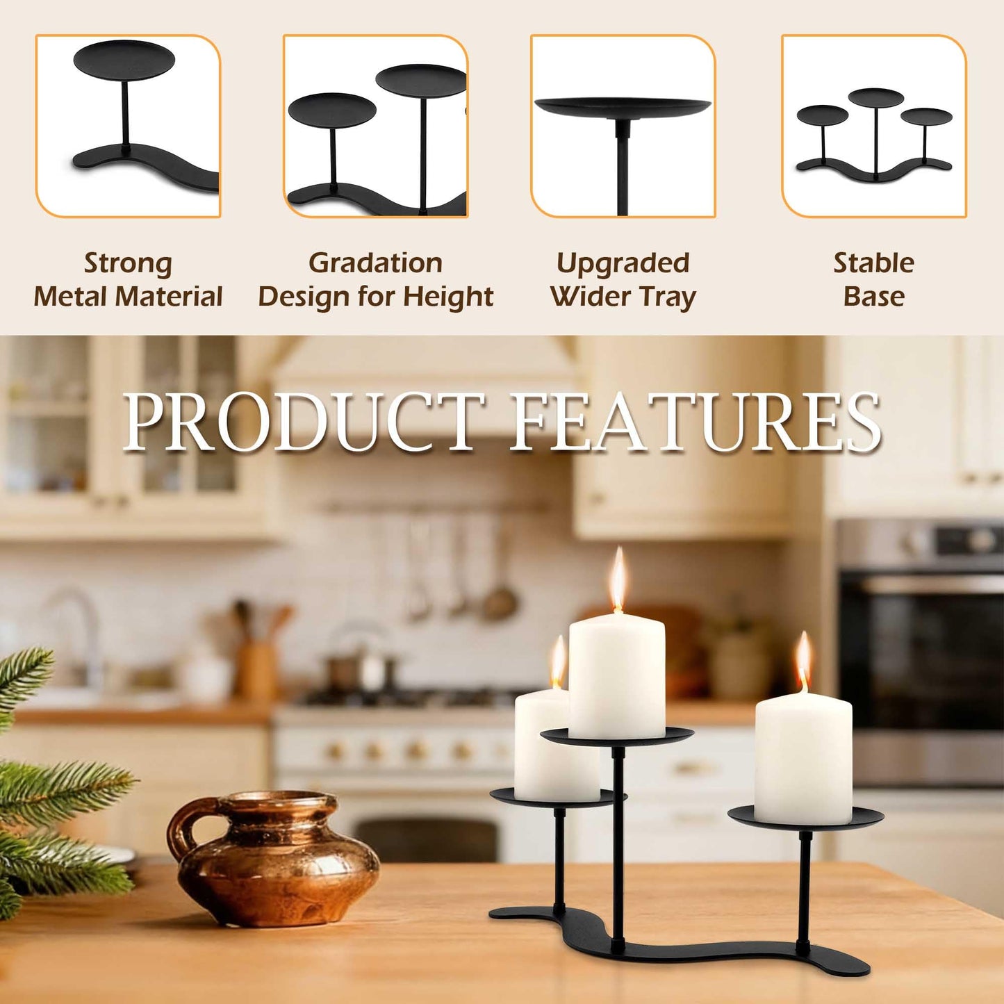 Iron Candle Holder Fireplace: 3 Arms Metal Candelabra Centerpiece Decor - Candle Holder Stand for Candelabra Pillar Candles