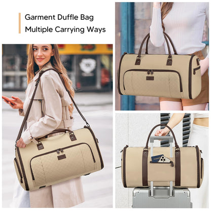 Vessgra 2 in 1 Duffle Bag, Carry On Duffle Bags for Women, 2 in 1 Suit Bag with Shoes Compartment 45L Garment Bag for Airplane Travel,Garment Bags with Shoulder Strap,(Khaki)