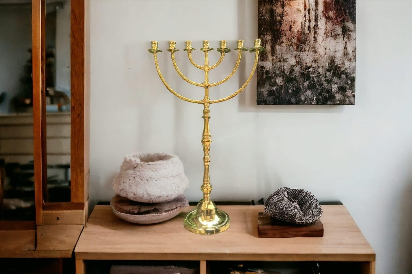Giant Temple Menorah 7 Seven - Branch | 32-Inch (81cm) Solid Brass Candelabra | Large Gold Jewish Menora for Candles & Oil Cups