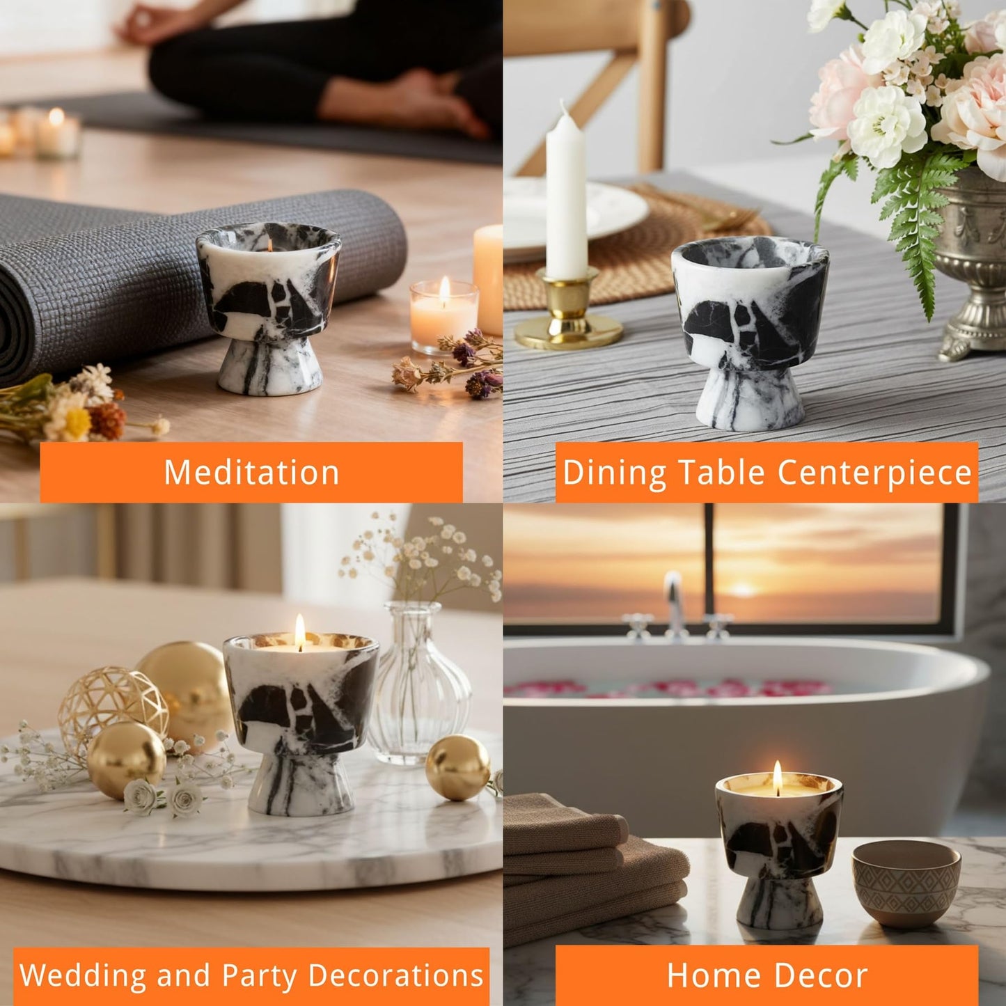 Marble Candle Holder 3’’ Black-White Scented Container Reusable for Home Decor, Meditation, Party or Dining Table Centerpiece