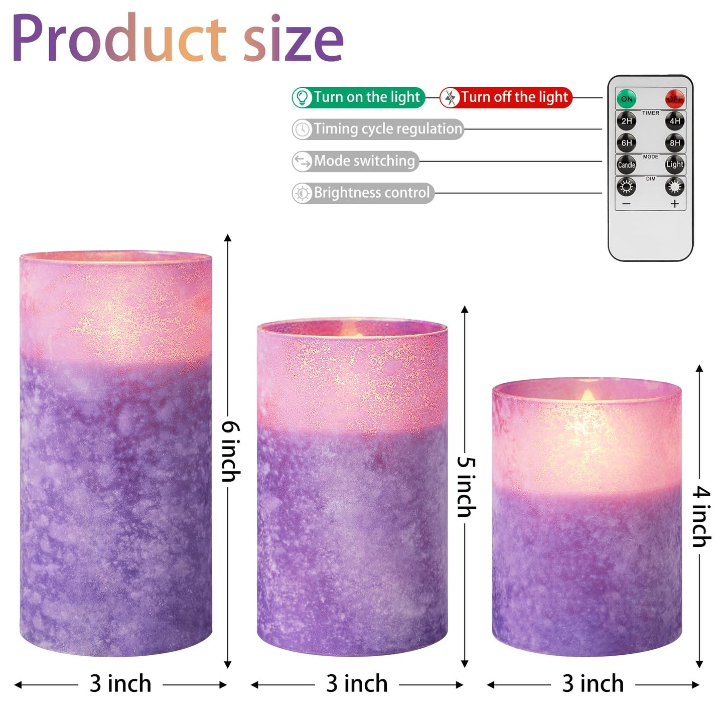 HJANDHJ Flickering Flameless Candles with 10-Key Remote - Sandblast Glass LED Pillar Candles with Timer, Real Wax Battery Operated Candles for Home Wedding Decorations (Purple, Set of 3)