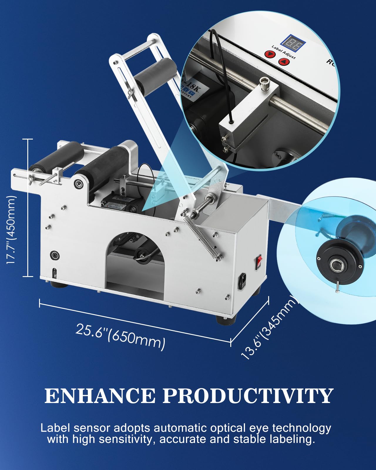Hanchen Semi-Automatic Round Bottle Labeling Machine, Adjustable Labeler Label Applicator Machine for φ0.6-4.7” Cylinder 20-40pcs/min