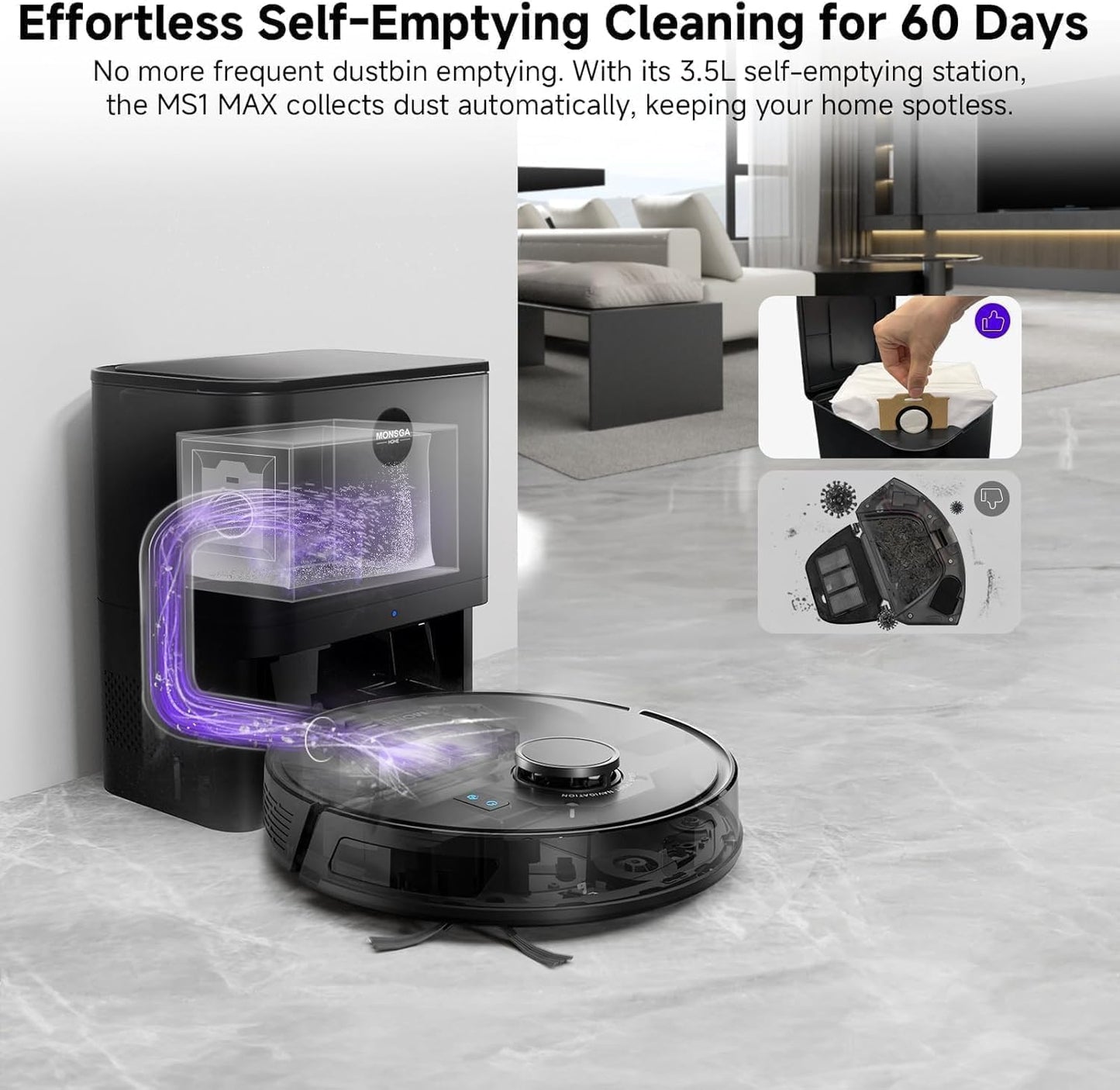 MONSGA Robot Vacuum and Mop Combo, 6000Pa Robotic Vacuum with 3.5L Self Emptying Station, Lidar Navigation Robot Vacuum Cleaner, 180mins Runtime, APP/Remote/Voice Control, for Hard Floors and Carpets