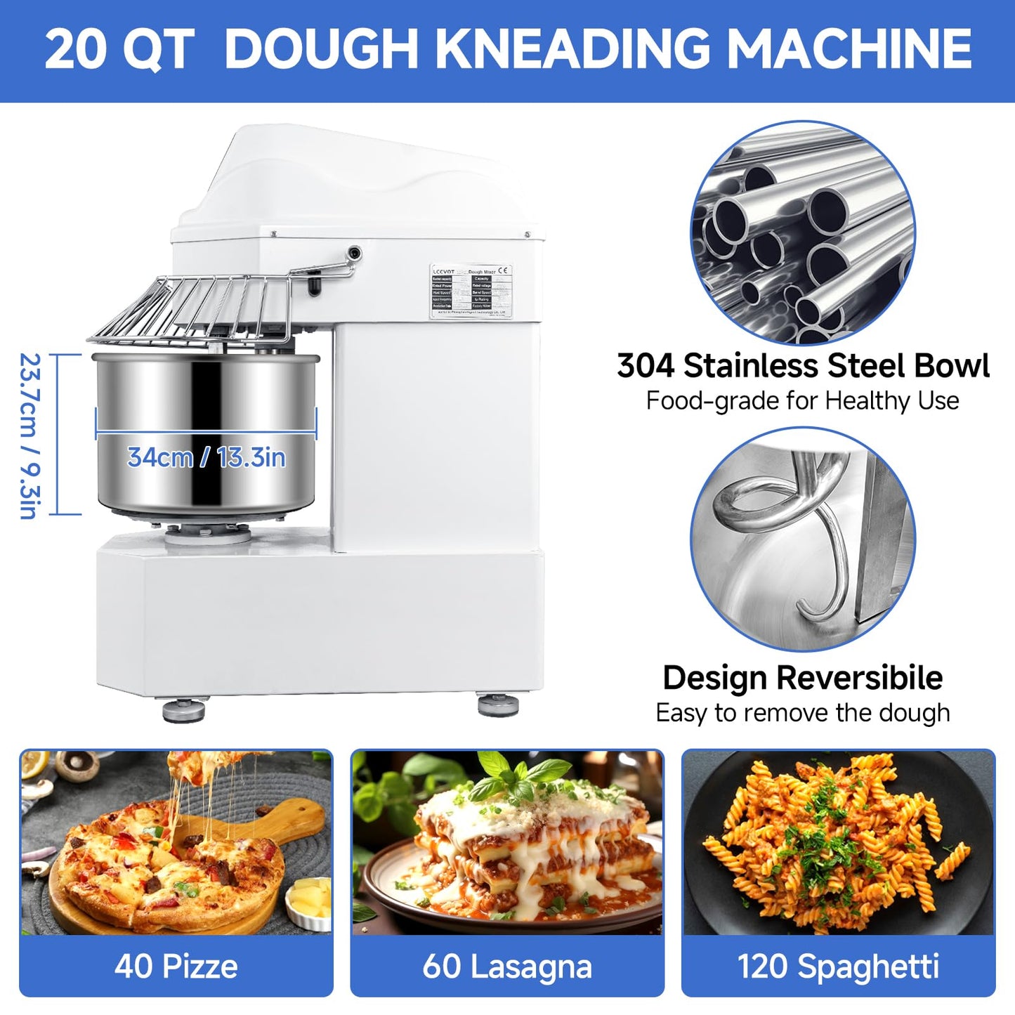 EKway 27lbs/20Qt Commercial Dough Mixer with Timer, 1100W Heavy Duty Kneading Machine with 304 Stainless Steel Bowl, Touch Screen,2 Speeds Dual Rotation for Restaurant, Bakery, Pizzeria (White)