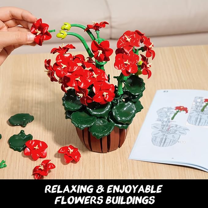 Flowers Geranium Botanicals Building Set - Artificial Bonsai Plants for Home Office Decor Display 548PCS Geranium Flowers Pot Building Blocks for Adults Women Age 12+ Gift for Easter