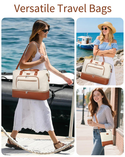 CLOKARS Weekender Bags for Women, Travel Tote Duffle Bag Carry On Overnight Bag with Cosmetics Bag and Crossbody Purse for Gym Hospital, Gifts for Women, Beige Brown