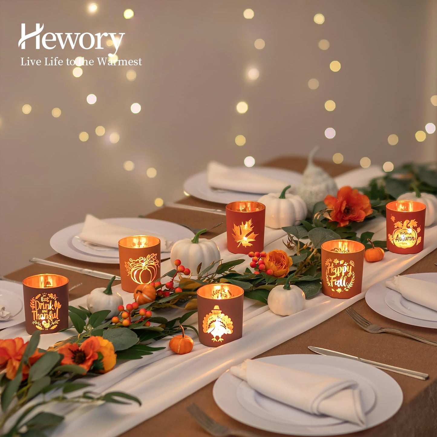 Hewory Thanksgiving Votive Candle Holders: Fall Glass Tea Light Candle Holder Set of 6, Thanksgiving Table Decorations Centerpieces for Dinner Tabe Fireplace Mantle Fall Decorations for Home Party