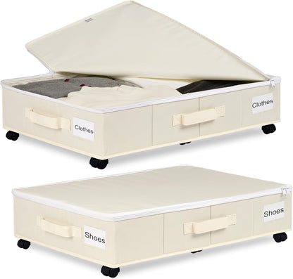 Vincona Under Bed Storage Containers - 2 Pack Rolling Organizers with Label Holders for Clothes & Shoes | Beige (30.71"x15.7"x7.28")