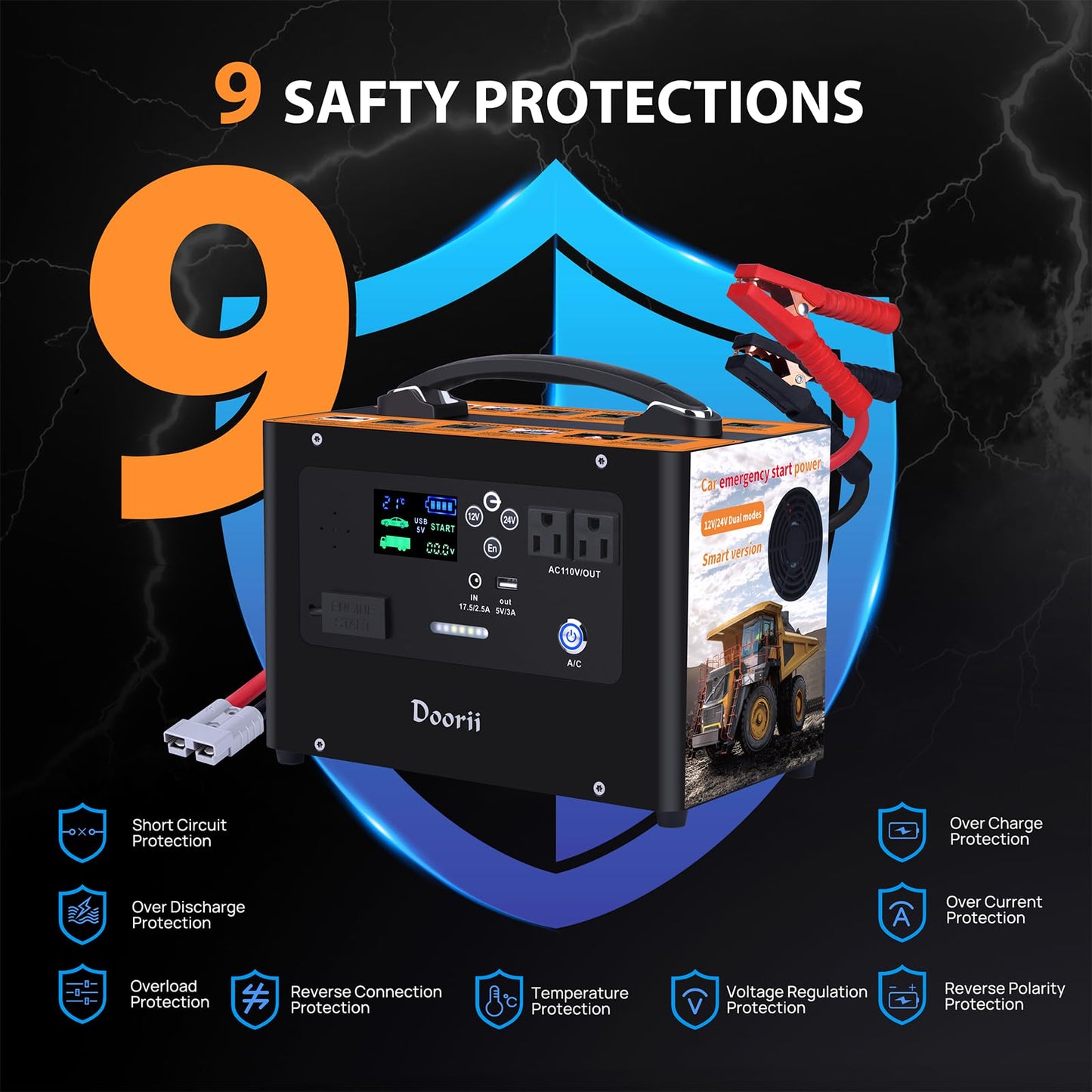 Doorii V10 10000A Car Jump Starter, Portable Power Station Backup Lithium Battery，12V/24V Heavy Duty Truck Jump Starter Battery Pack, Power Bank for Outdoors Camping Travel Hunting Blackout