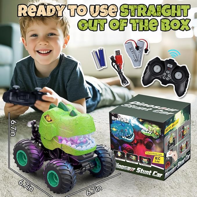 Dinosaur Remote Control Car for Kids Ages 3-5 6-12 Remote Control Monster Truck with Spray Light 360° Rolling&amp90° Driving All Terrain Dinosaur Toy for Boys Birthday Gift