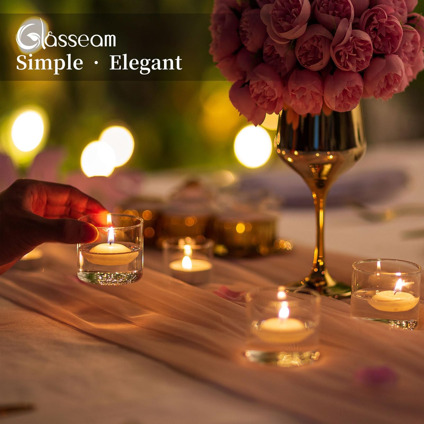 Glasseam Clear Votive Candle Holders Bulk - Set of 48 Small Tealight Holders for Floating Candles, Wedding Centerpieces and Table Decoration