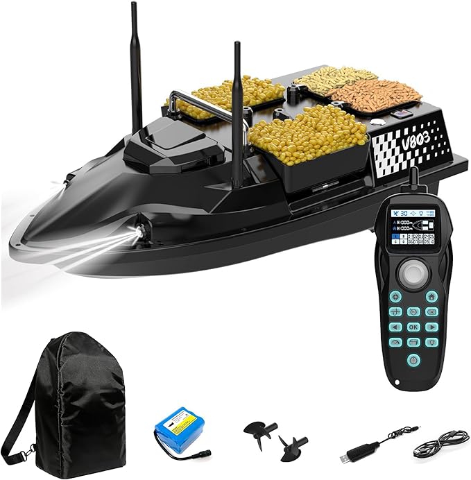 RC Bait Boat for Fishing with 4 Boxes Dual Antena and 18000mAh Battery for 500M Long-Range Bait Boat with LED Light Hook Release High-definition Color Screen Remote Control GPS Positioning
