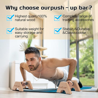 AnExer Push Up Stands, Handstand Parallettes Bars, Solid Wood Push Up Bars with Non-Slip Mat Push up Handles for Floor Exercise Home Workout Equipment for Men & Women Strength Training (Beech Wood-25cm)