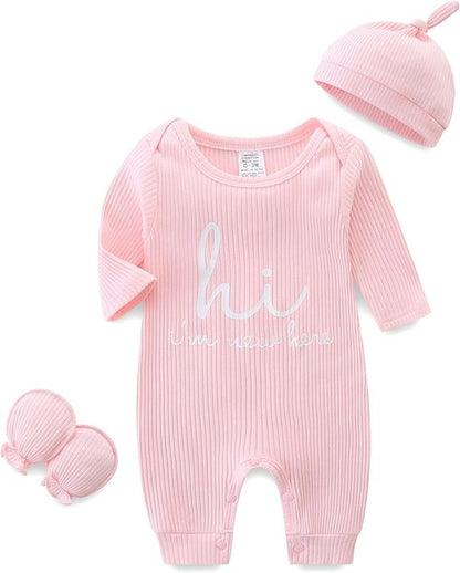 Babymine Newborn Unisex Baby Clothes - Long Sleeve Onesie Outfit with Mittens & Hat | 0-3 Months