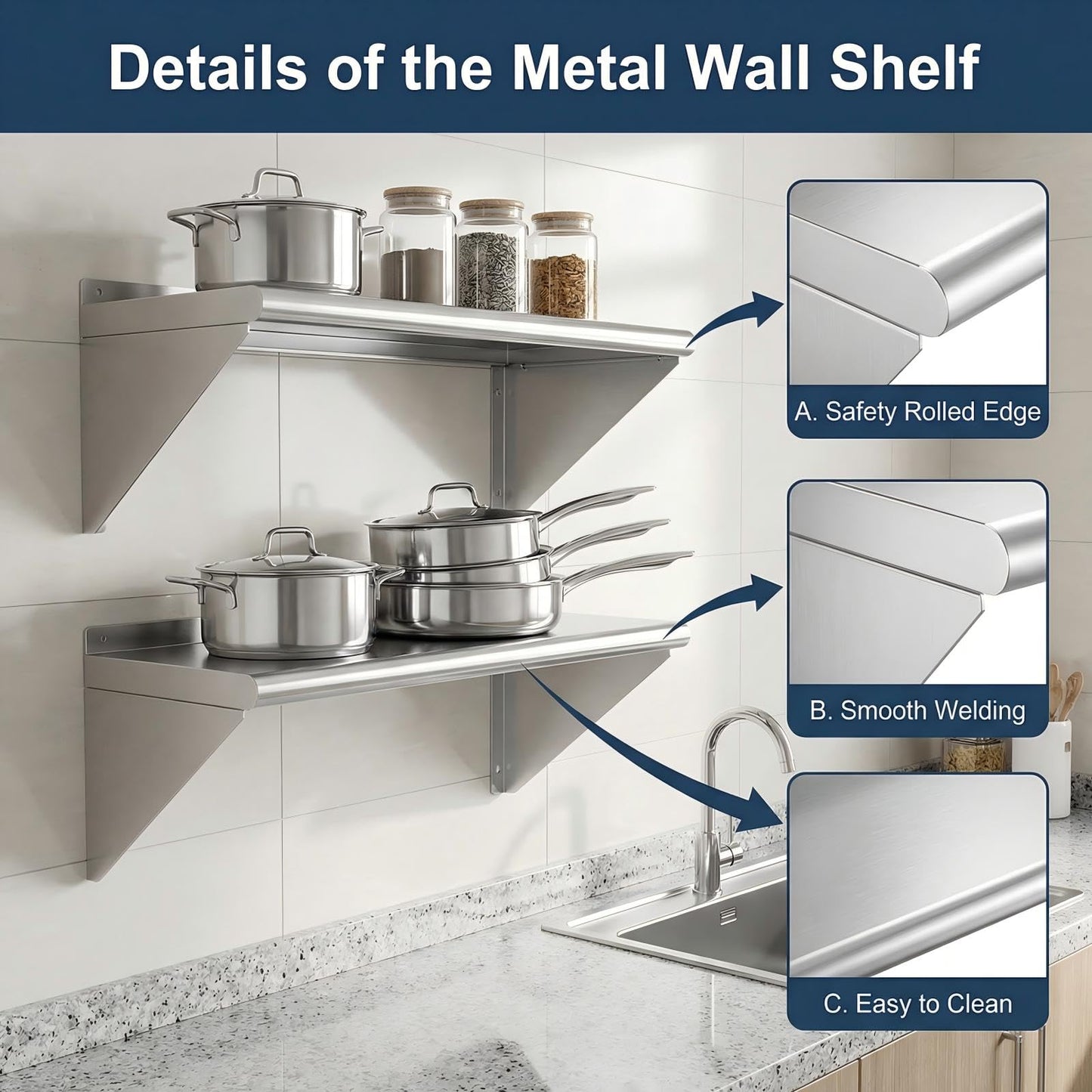 KUARBARR Stainless Steel Shelf Wall-Mounted Stainless Steel Wall Shelf 12 x 48 Inch, 2 Pack Commercial Metal Wall Shelves Garage Shelving for Restaurant Kitchen