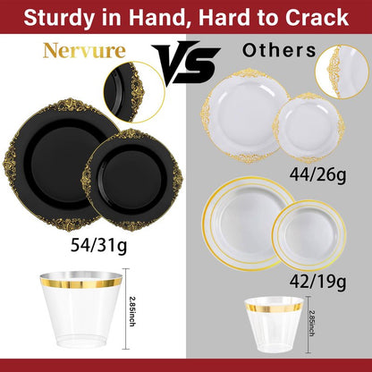 Nervure 175PCS Black Plastic Plates - Disposable Black Gold Party Plates & Pre Rolled Napkins with Cutlery for 25 Guests, 50Plates, 75Silverware, 25Cups, 25Napkin for Wedding & Party