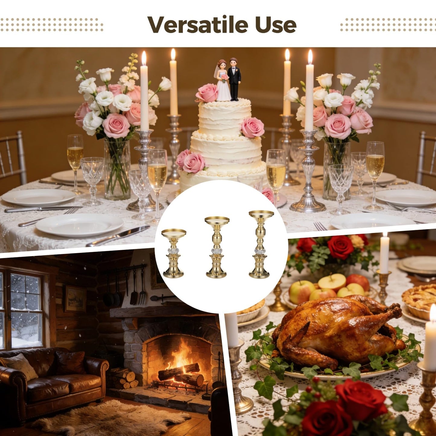 3 Pcs Gold Pillar Candle Holders Set, Elegant Metal Crystal Candlestick Stands, Gourd Shape Wedding Centerpieces Decor, Weighted Base Tabletop, 5.91-8.46 in Tall