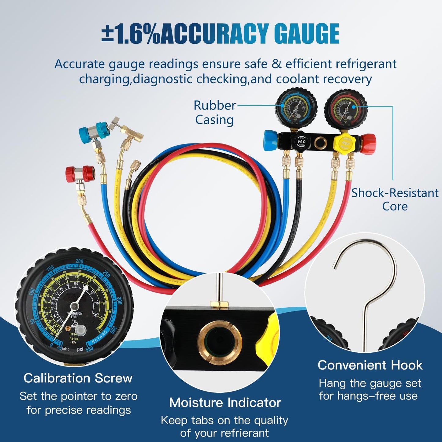 PB Motor TECH 4.5CFM 1/3HP Vacuum Pump with 4-Way AC Manifold Gauge Set for R134a R22 R410a - Includes Leak Detector, Puncture Can Tap, and More