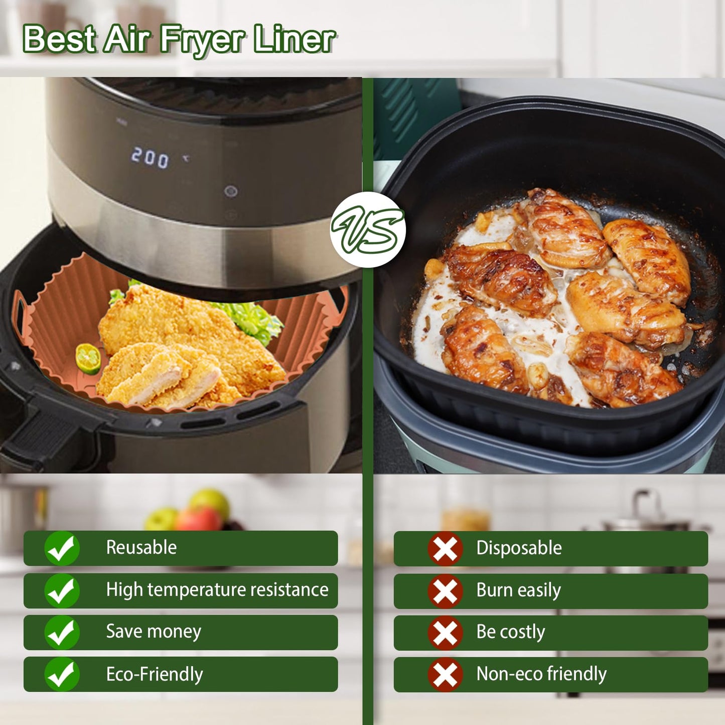 3 Pack Air Fryer Silicone Liners, 8Inch Airfryer Liners, AirFryer Basket Liner, Reusable Food Grade Air Fryers Basket Pots Oven Liner Baking Tray, Air Fryer Silicone Mat Accessories Kitchen