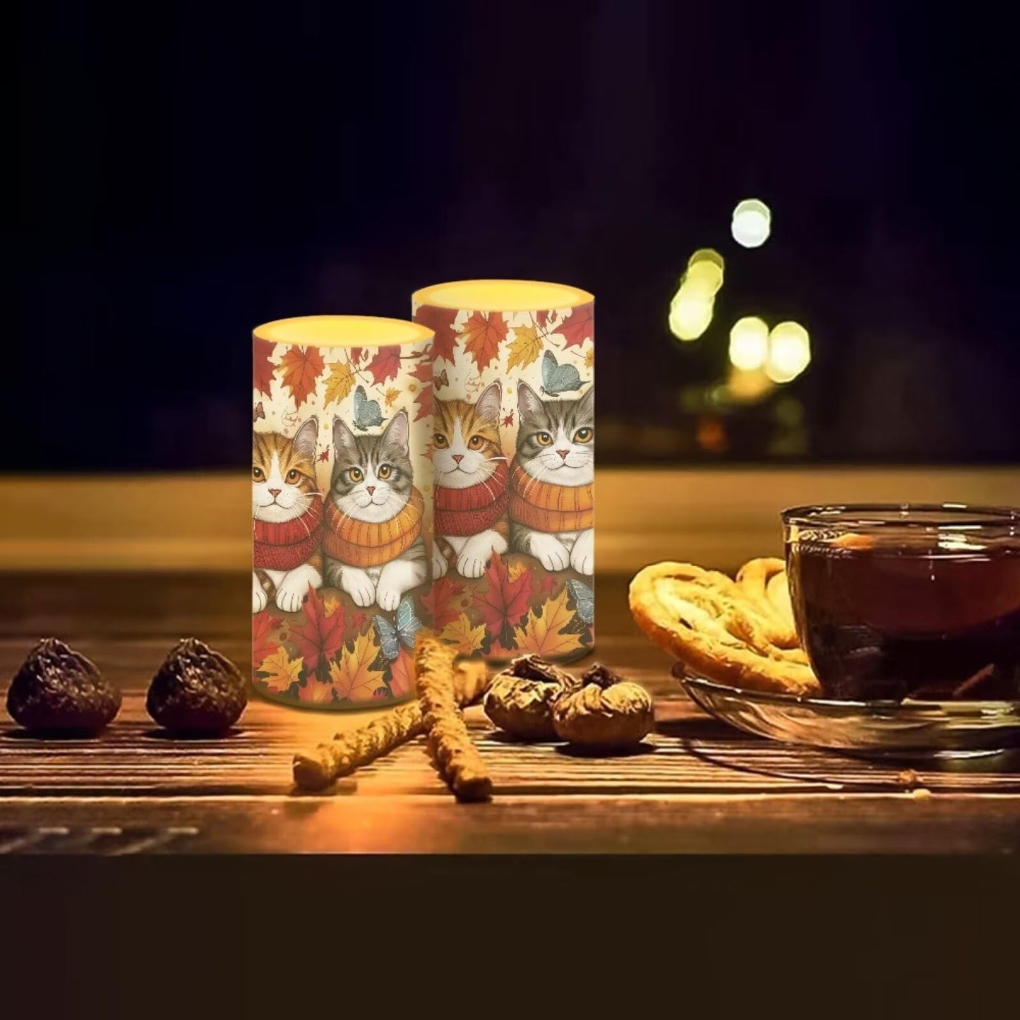Luarisgur Fall LED Candles with Remote Cat Maple Leaves Flameless Candles Battery Operated LED Warm Light Flickering Candles for Thanksgiving Theme Decor Autumn Fall Harvest Living Room Decorations