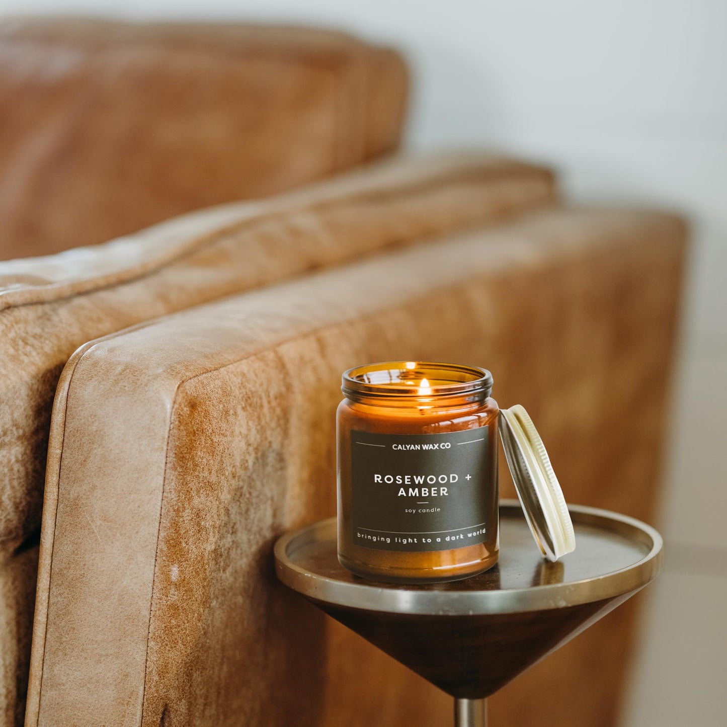 Calyan Wax Co. Rosewood & Amber Scented Candle - 57 Hour Burn - Luxury Clean Soy Wax Candles - Long Lasting Amber Glass Jar Candle for Home - 7.2oz