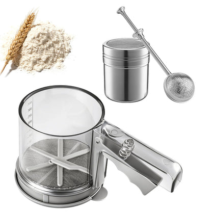Flour Sifter, 3 Cup Flour Sifter, Sifter for Baking Sifter Handheld Baking Sieve Food-Grade Double-Filter, Powdered Sugar Shaker Duster Set for Baking Cakes, Pastries, Pies, Cupcakes and Desserts