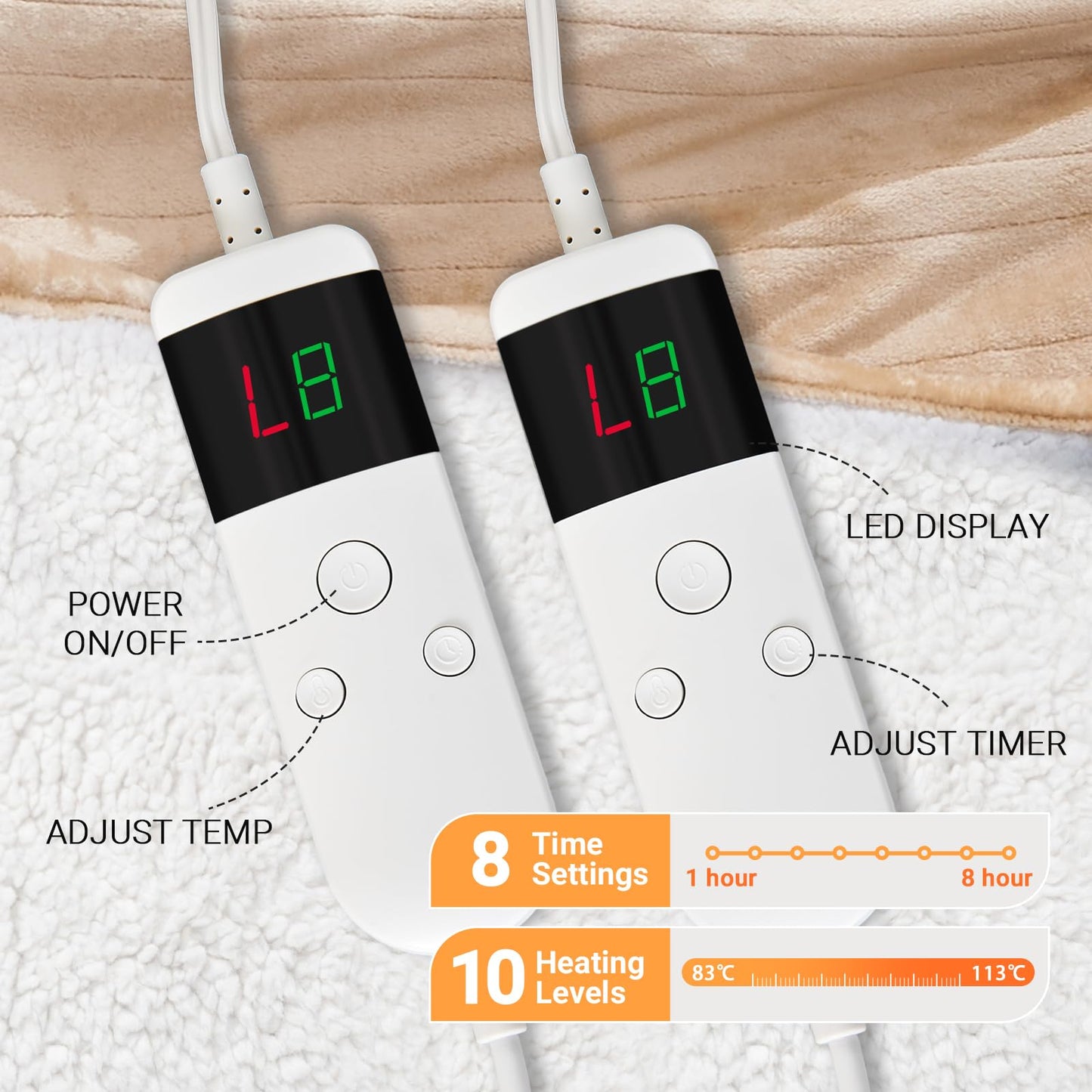 Electric Heated Blanket Queen Size 84''x90'' Soft Flannel & Sherpa Electric Blanket with 10 Heating Levels, Automatically Shut Down After 8h with Overheat Protection Machine Washable