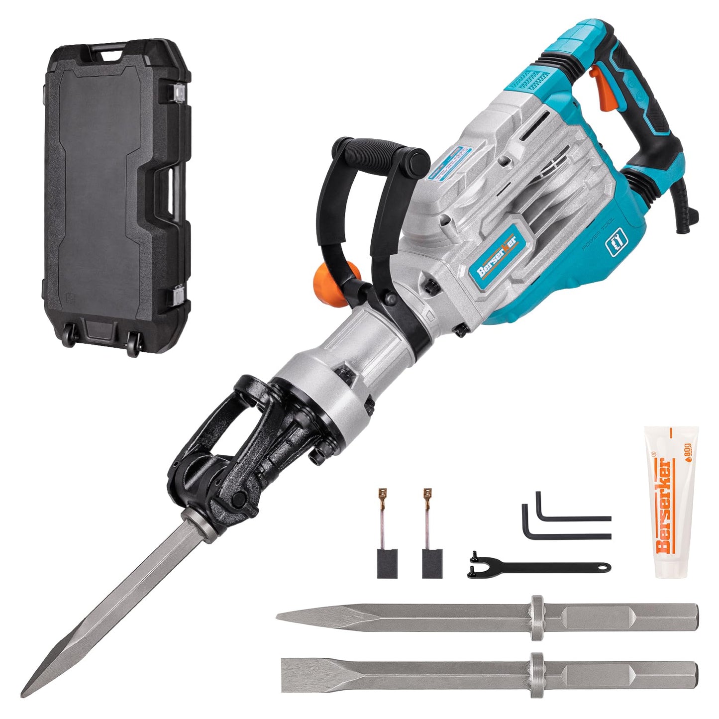 Berserker 40-Pound 1-1/8" Hex Shank Demolition Jack Hammer, 1700W 14.5-Amp Heavy Duty Concrete/Pavement Breaker with Carrying Case Flat Chisel & 2 Bull Point Chisel