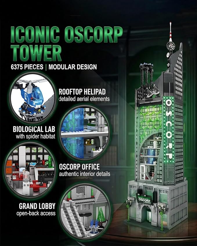 Spider Oscorp Tower Building Set for Adults - 40 Inch Tall Hero Tower Modular Building with Light &amp Helicopter Movie Daily House Architecture Gift for Christmas Collectors (6375 Pcs)