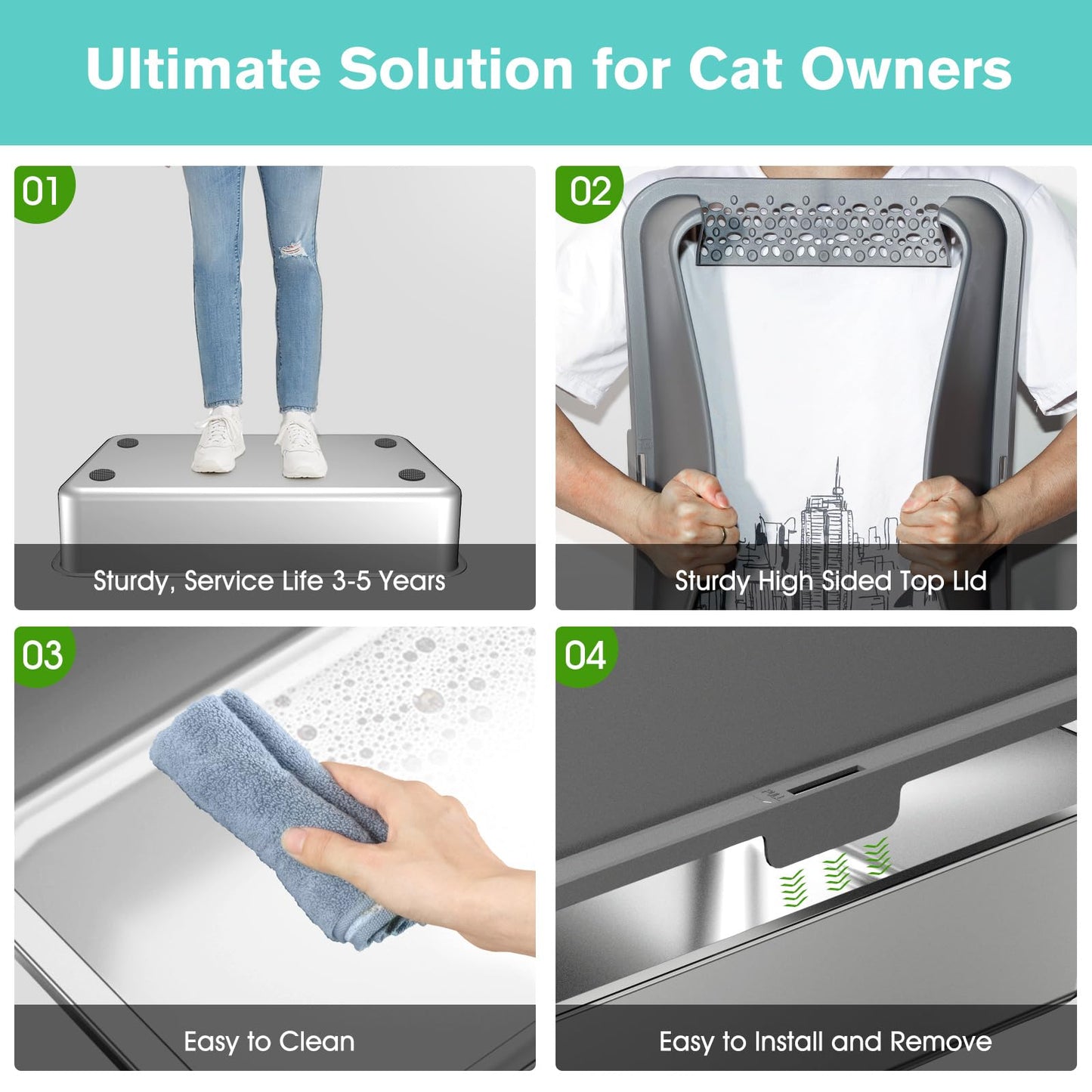 2PACK Stainless Steel Cat Litter Box with High Sides Lid, Extra Large XL Litter Box for Big Cats, Metal Kitty Litter Boxes with Anti-Leakage Enclosure,Non-Stick,Odorless,Scoop Included